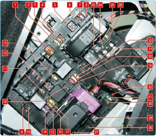 Opel Astra J 2014 - schemat bezpieczników bagażnika, pozycje 1-32