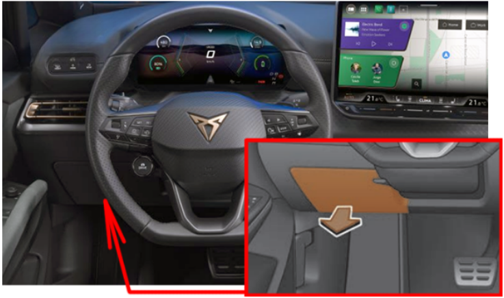 Cupra Born - lokalizacja skrzynki bezpieczników w kabinie.
