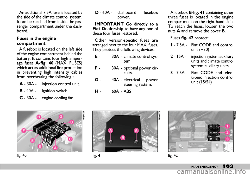 Fiat Seicento 2007 - oryginalny schemat MAXI FUSE za akumulatorem Fiat Seicento 2007 - oryginalny rysunek fabryczny skrzynek MAXI A-H i bloku silnika z instrukcji Fiata