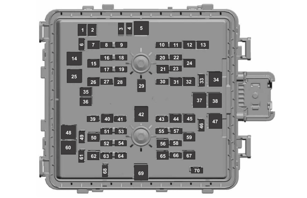 Ford F-250 2020 - fabryczny schemat skrzynki pod maską Ford F-250 Super Duty 2020 - fabryczny schemat bezpieczników 1-70 w komorze silnika