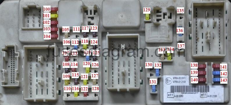 Ford Focus II C307 2007 EU - schemat bezpieczników kabiny, numery 100-143