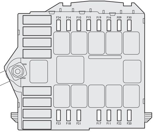 Lancia Ypsilon 843 2007-2011 schemat bezpieczników komory silnika Lancia Ypsilon 843 2007-2011 schemat skrzynki F09-F30 przy akumulatorze