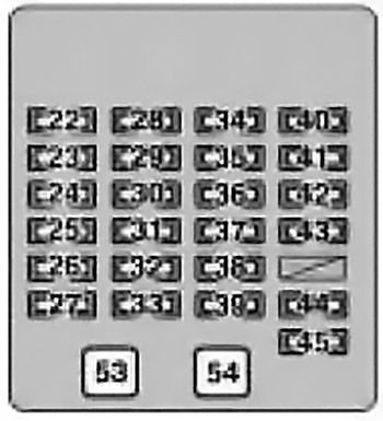Lexus RX300 1999-2003 - schemat skrzynki w kabinie Lexus RX300 1999-2003 schemat bezpieczników w kabinie pod deską kierowcy, pozycje 22-45 oraz 53-54