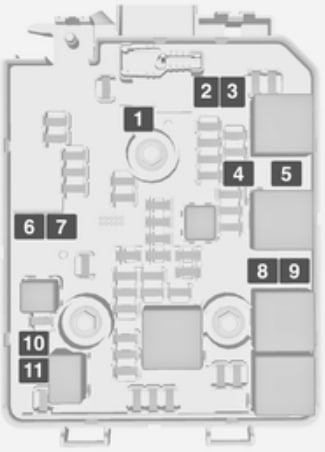 Opel Adam 2015 - schemat grupy 11 zabezpieczeń pod maską.