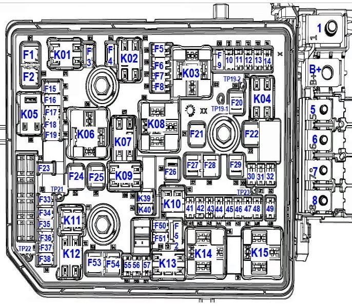 Opel Astra K 2016 - schemat rozmieszczenia 57 bezpieczników w komorze silnika.