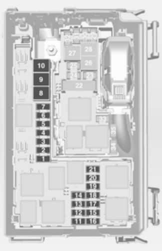Opel Meriva B 2012-2016 - pełny schemat bezpieczników silnika, część pierwsza.