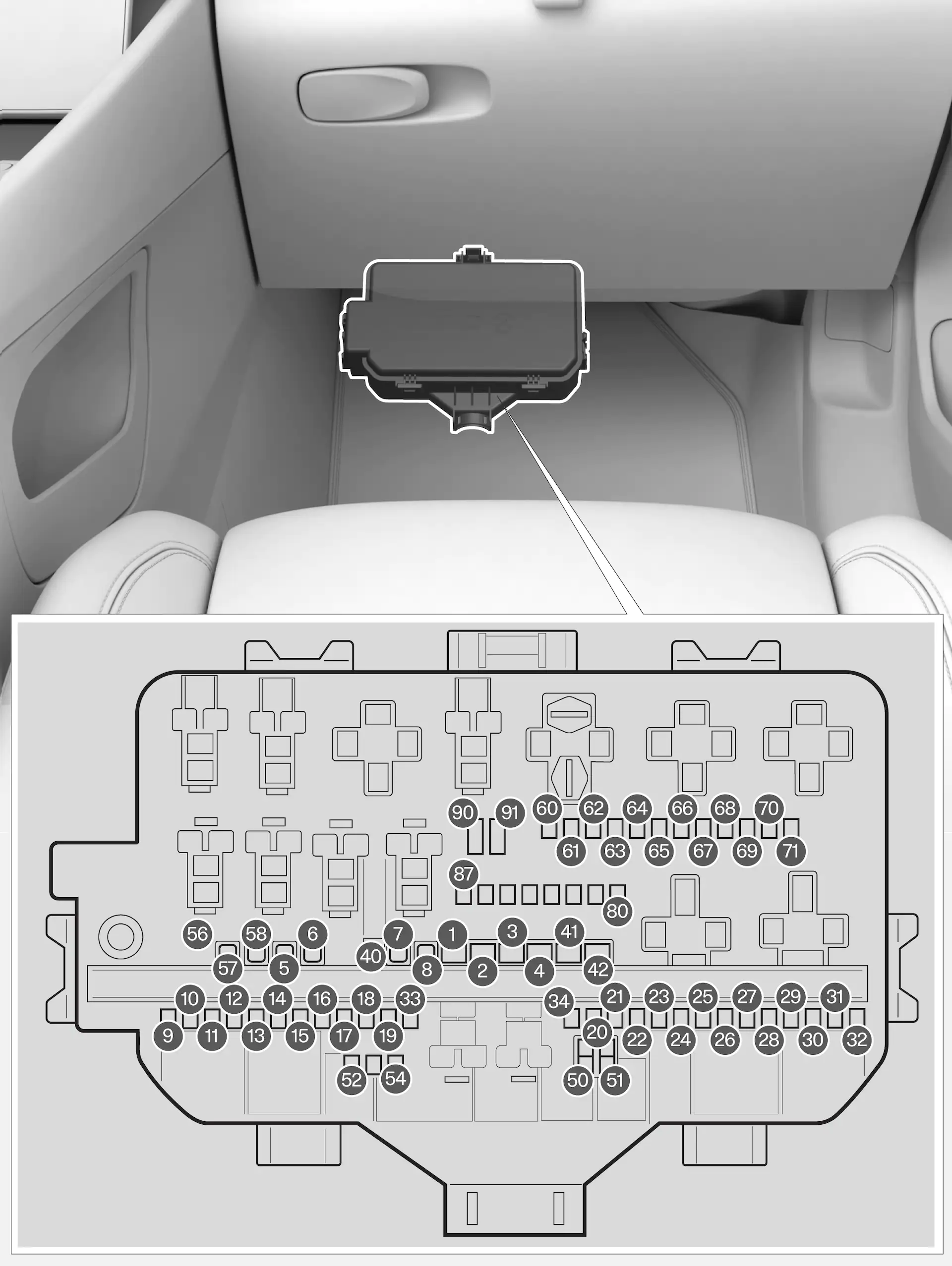 Polestar 2 2023 - rysunek numeracji bezpieczników kabiny pod schowkiem