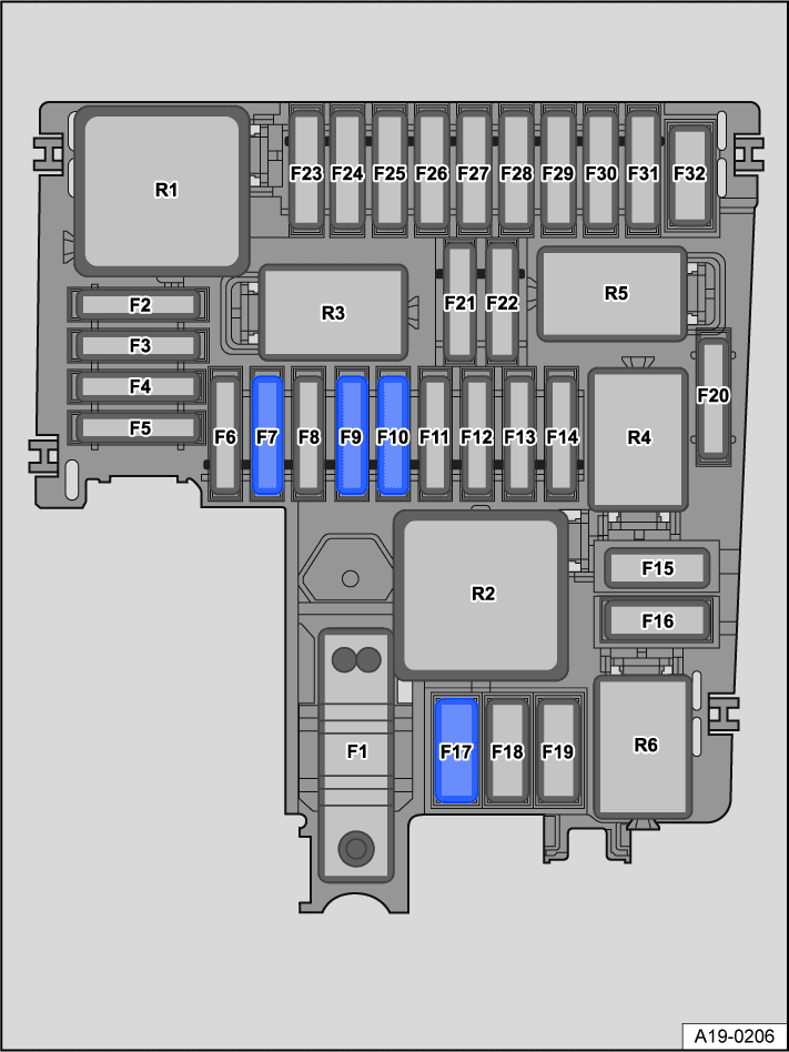 Volkswagen ID.4 i ID.5 2020-2022 - schemat skrzynki bezpieczników F1-F32 oraz przekaźników R1-R6