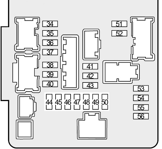 Nissan Altima L33 2013-2018 - skrzynka nr 1 pod maską Nissan Altima L33 2013-2018 - techniczny schemat skrzynki bezpieczników nr 1 w komorze silnika