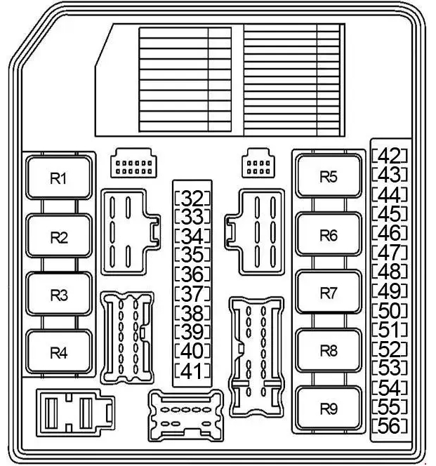 Nissan Frontier D40 2005-2009 - techniczny schemat skrzynki bezpieczników w komorze silnika